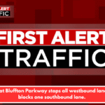 Crash at Bluffton Parkway stops all westbound lanes and blocks one southbound lane.