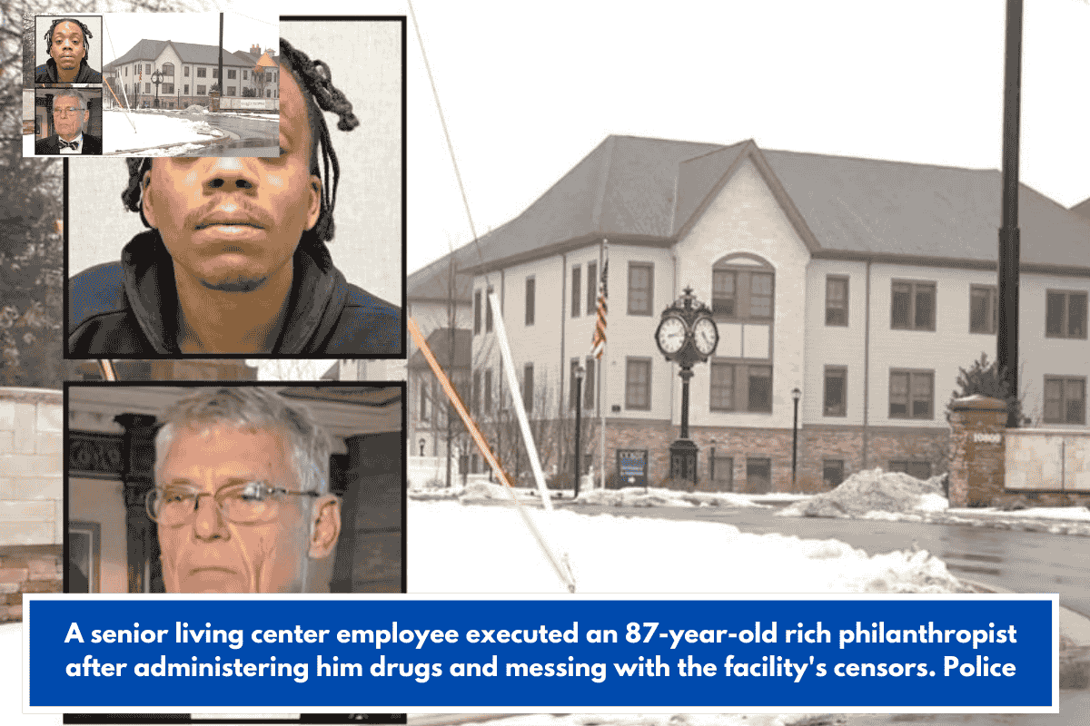 A senior living center employee executed an 87-year-old rich philanthropist after administering him drugs and messing with the facility's censors. Police