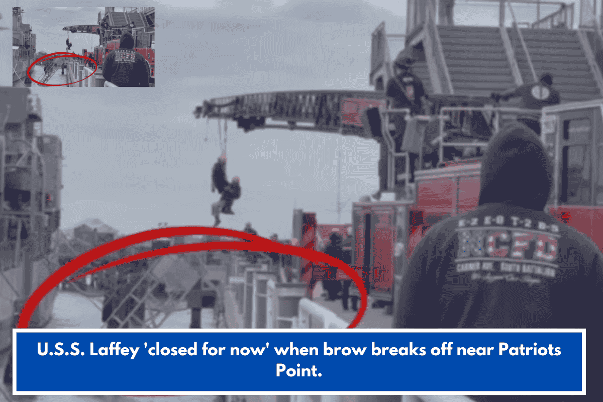 U.S.S. Laffey 'closed for now' when brow breaks off near Patriots Point.