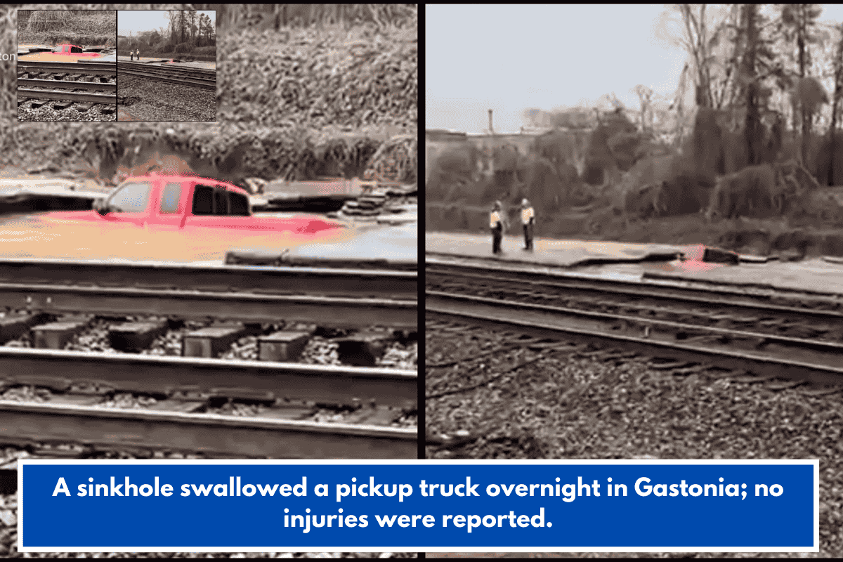 A sinkhole swallowed a pickup truck overnight in Gastonia; no injuries were reported.