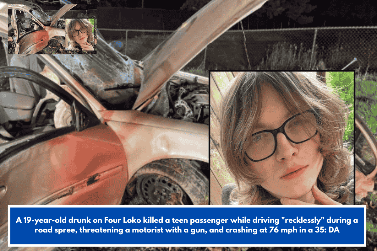 A 19-year-old drunk on Four Loko killed a teen passenger while driving "recklessly" during a road spree, threatening a motorist with a gun, and crashing at 76 mph in a 35: DA