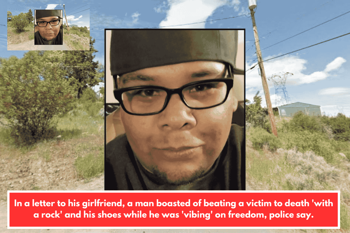 In a letter to his girlfriend, a man boasted of beating a victim to death 'with a rock' and his shoes while he was 'vibing' on freedom, police say.