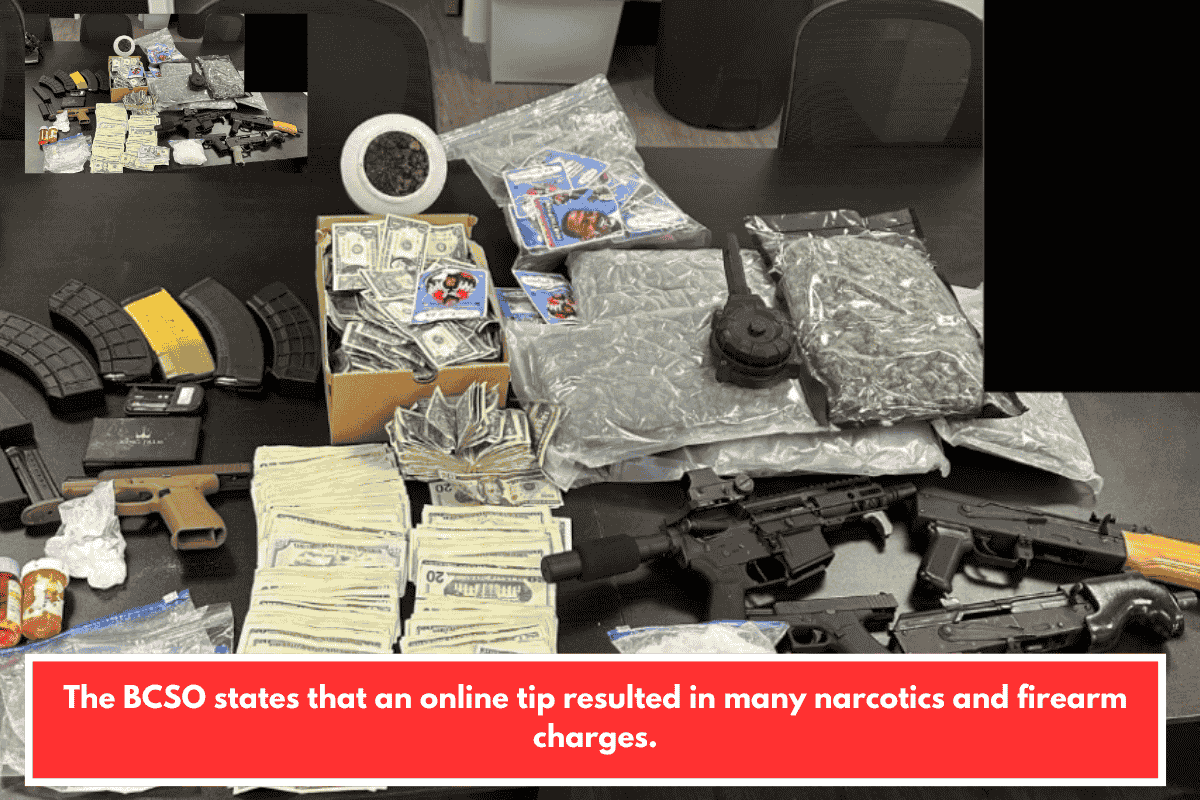 The BCSO states that an online tip resulted in many narcotics and firearm charges.