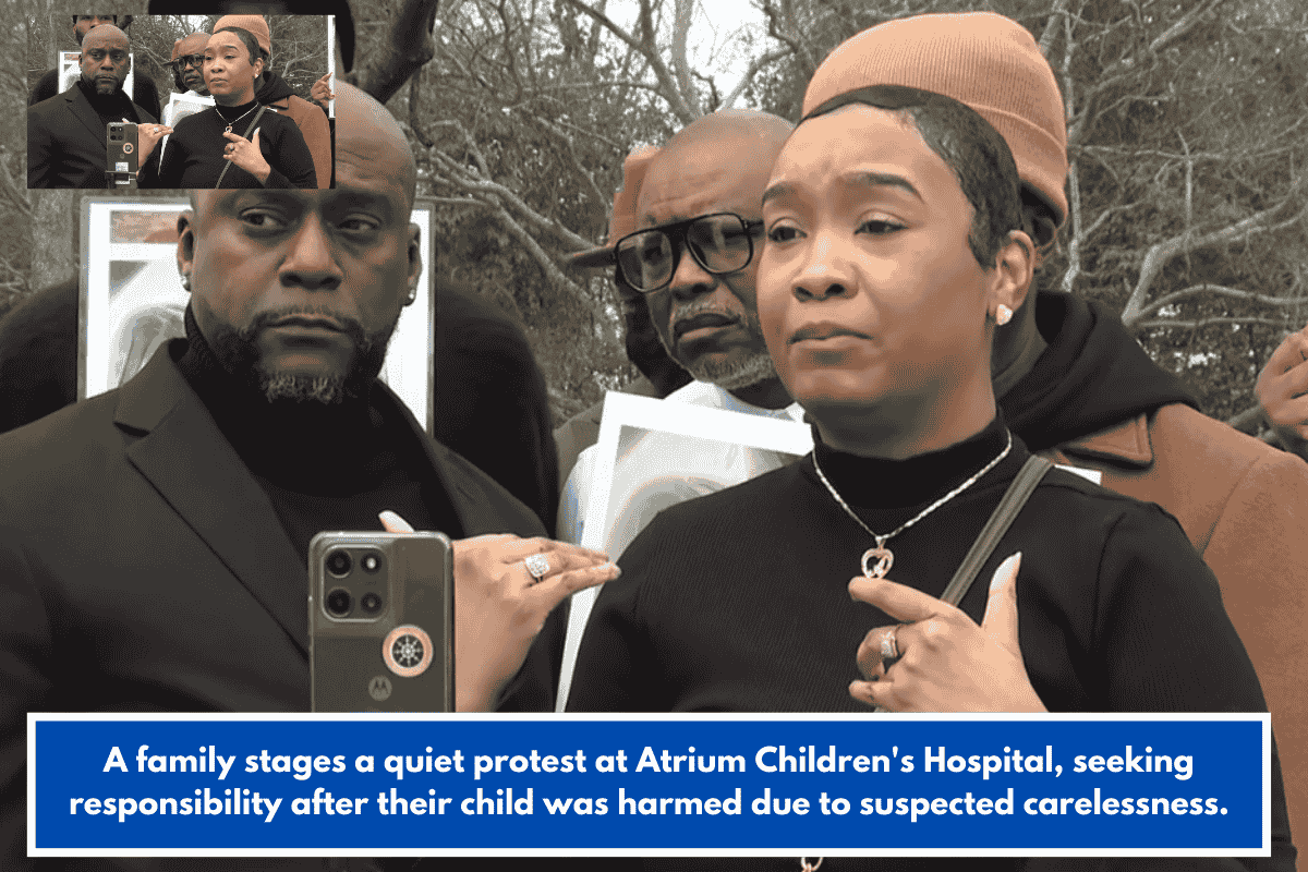 A family stages a quiet protest at Atrium Children's Hospital, seeking responsibility after their child was harmed due to suspected carelessness.