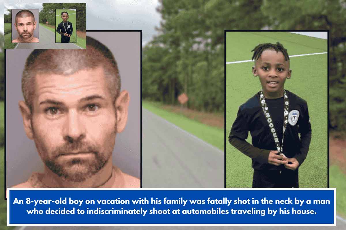An 8-year-old boy on vacation with his family was fatally shot in the neck by a man who decided to indiscriminately shoot at automobiles traveling by his house.