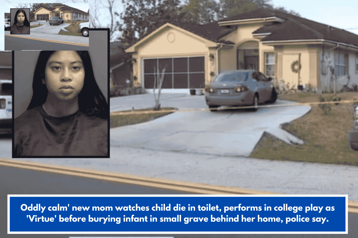 Oddly calm' new mom watches child die in toilet, performs in college play as 'Virtue' before burying infant in small grave behind her home, police say.