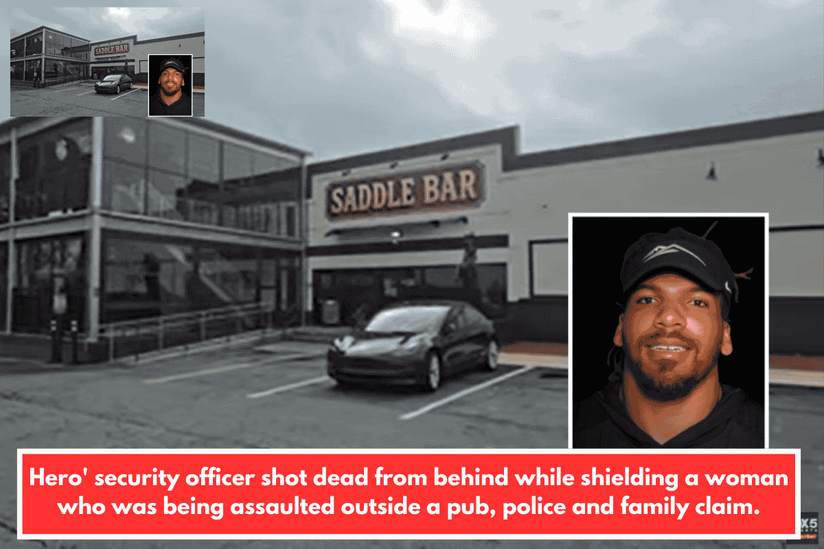 Hero' security officer shot dead from behind while shielding a woman who was being assaulted outside a pub, police and family claim.