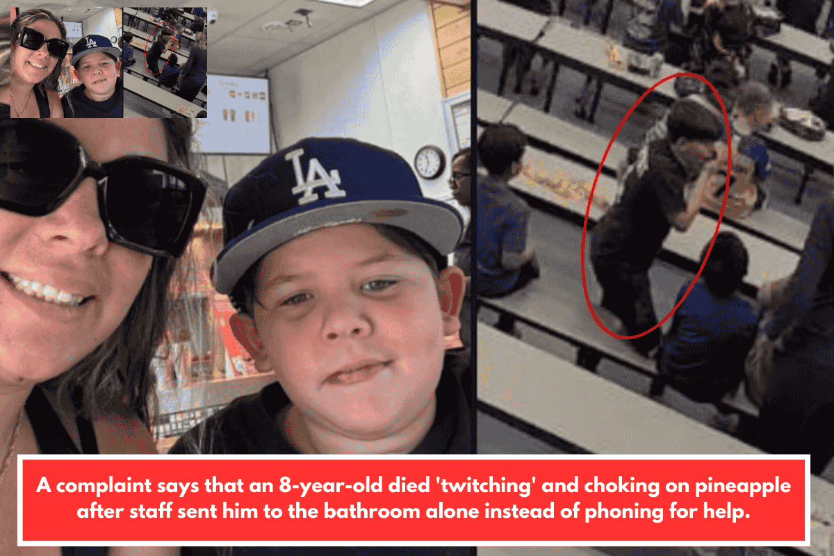 A complaint says that an 8-year-old died 'twitching' and choking on pineapple after staff sent him to the bathroom alone instead of phoning for help.