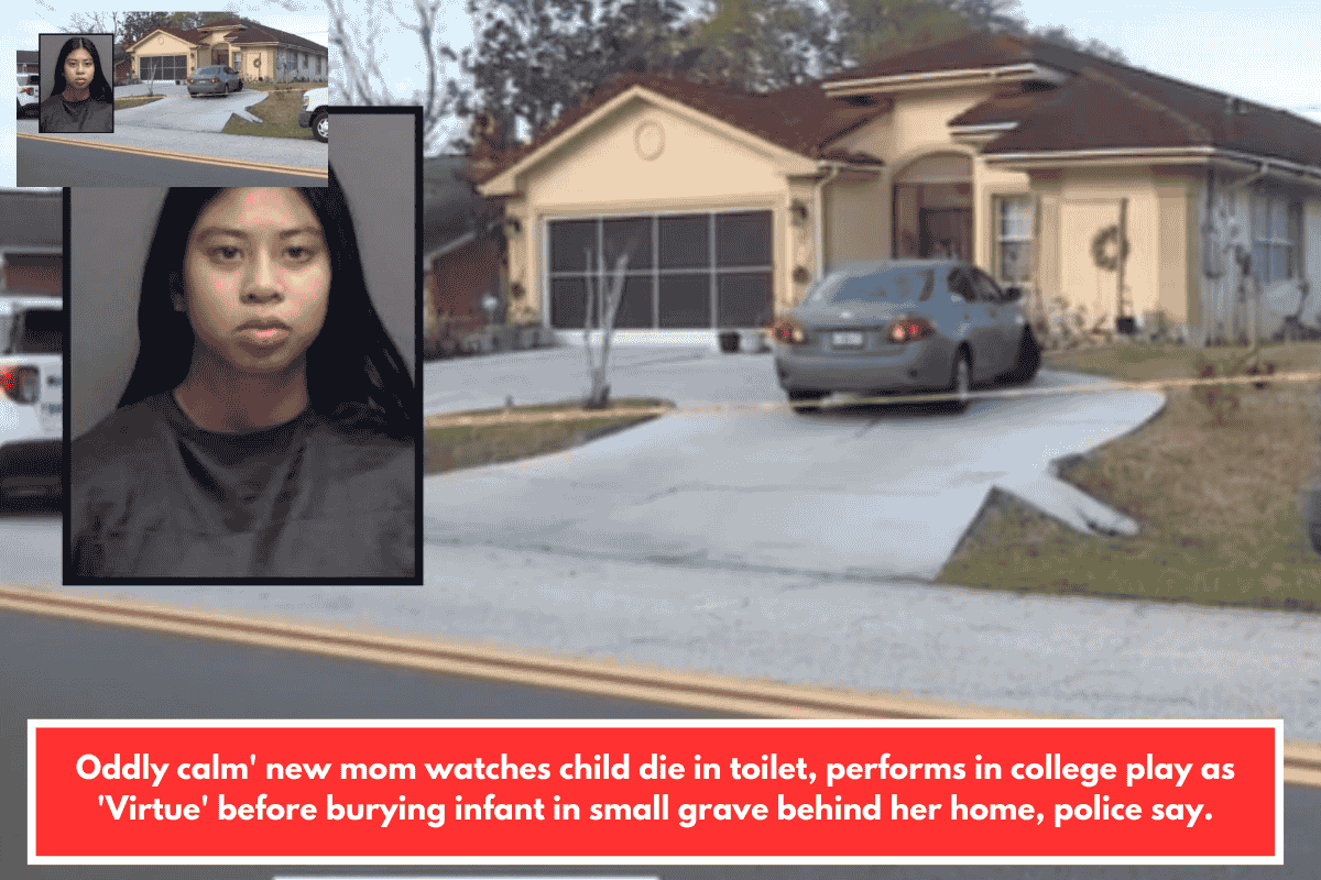 Oddly calm' new mom watches child die in toilet, performs in college play as 'Virtue' before burying infant in small grave behind her home, police say.