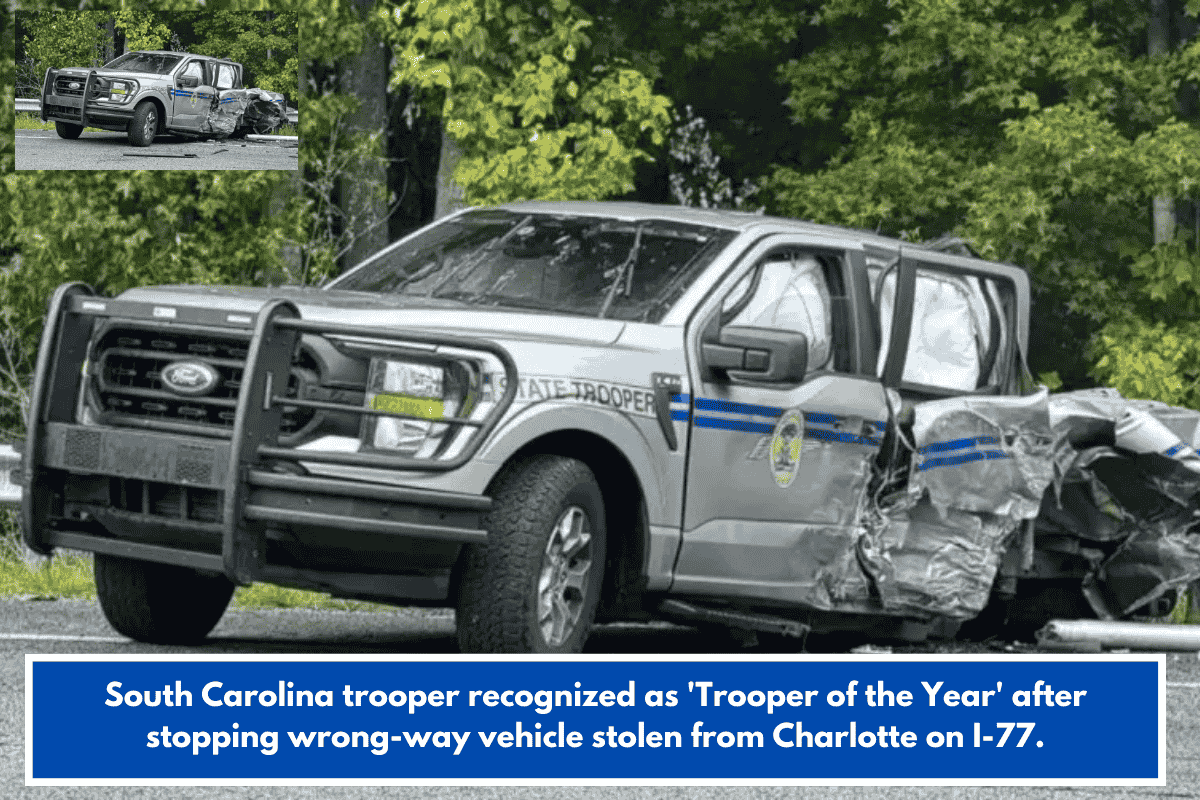 South Carolina trooper recognized as 'Trooper of the Year' after stopping wrong-way vehicle stolen from Charlotte on I-77.