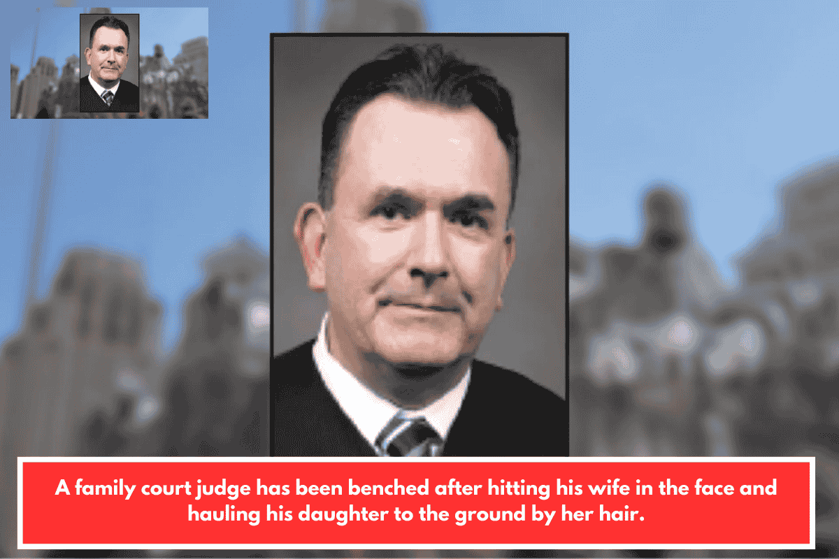 A family court judge has been benched after hitting his wife in the face and hauling his daughter to the ground by her hair.