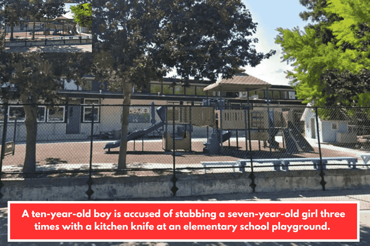 A ten-year-old boy is accused of stabbing a seven-year-old girl three times with a kitchen knife at an elementary school playground.