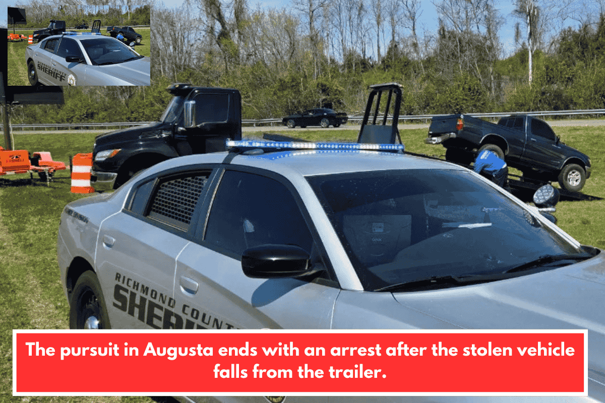 The pursuit in Augusta ends with an arrest after the stolen vehicle falls from the trailer.