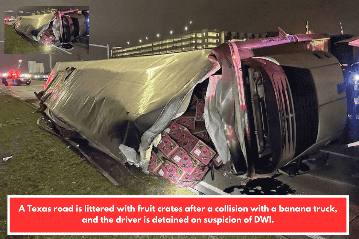 A Texas road is littered with fruit crates after a collision with a banana truck, and the driver is detained on suspicion of DWI.