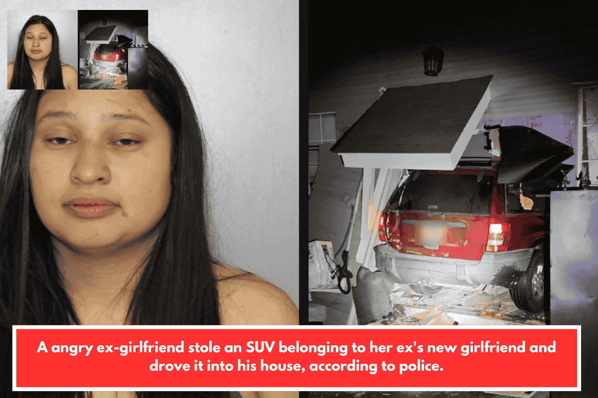 A angry ex-girlfriend stole an SUV belonging to her ex's new girlfriend and drove it into his house, according to police.