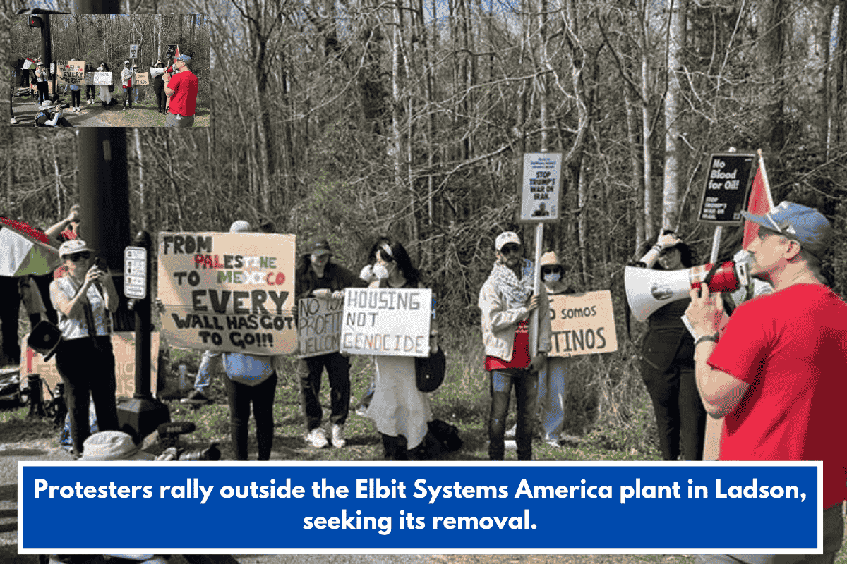 Protesters rally outside the Elbit Systems America plant in Ladson, seeking its removal.