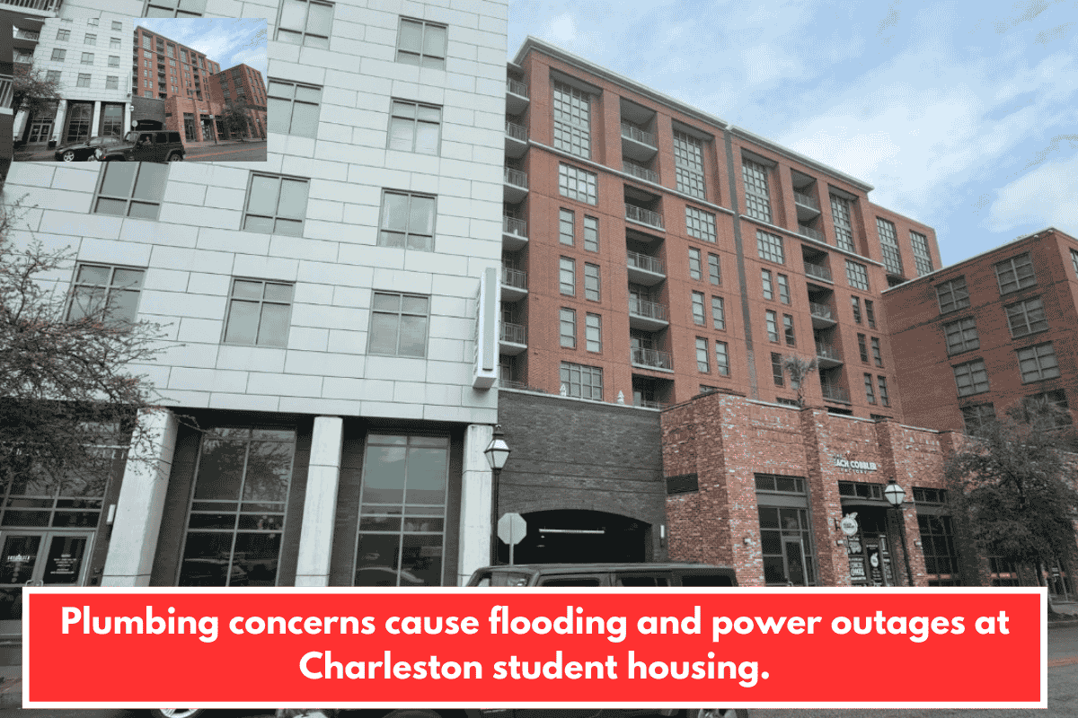 Plumbing concerns cause flooding and power outages at Charleston student housing.