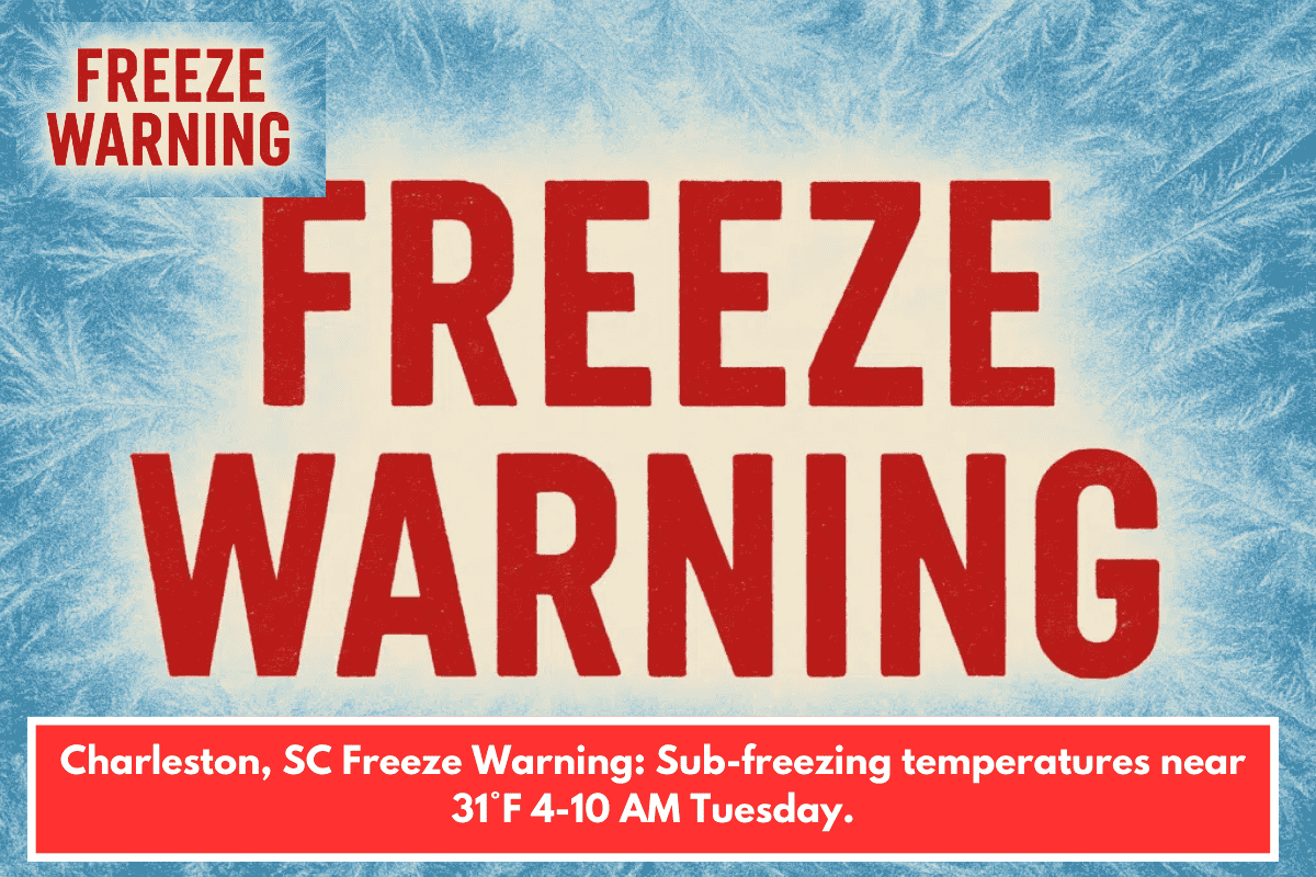 Charleston, SC Freeze Warning: Sub-freezing temperatures near 31°F 4-10 AM Tuesday.