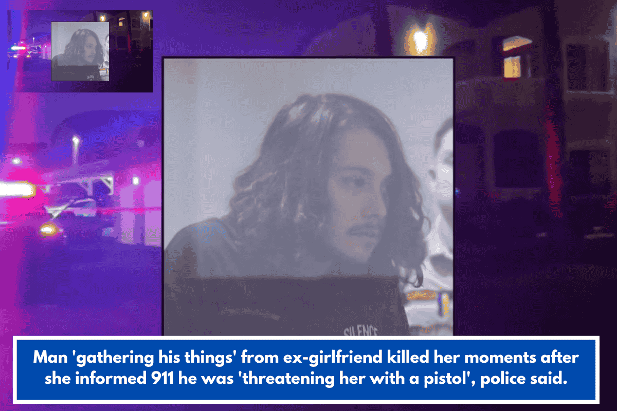 Man 'gathering his things' from ex-girlfriend killed her moments after she informed 911 he was 'threatening her with a pistol', police said.