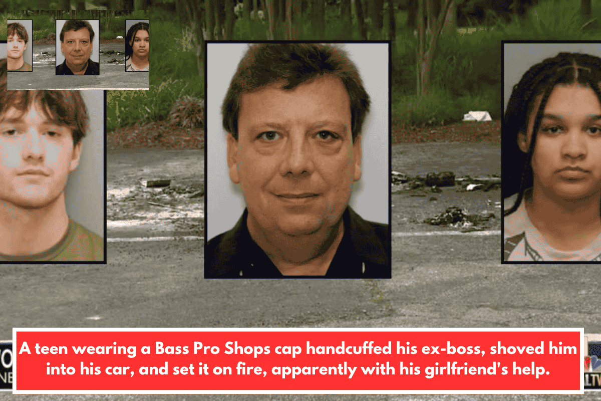A teen wearing a Bass Pro Shops cap handcuffed his ex-boss, shoved him into his car, and set it on fire, apparently with his girlfriend's help.