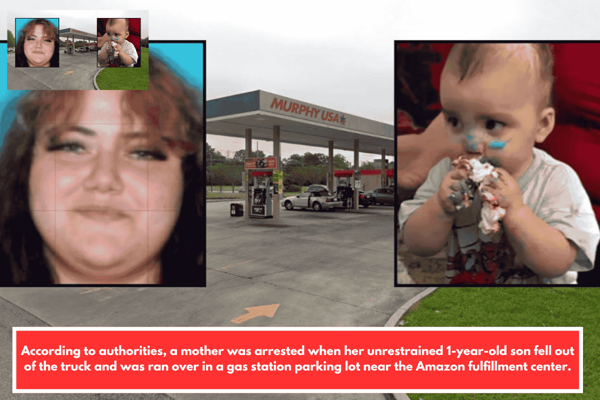 According to authorities, a mother was arrested when her unrestrained 1-year-old son fell out of the truck and was ran over in a gas station parking lot near the Amazon fulfillment center.