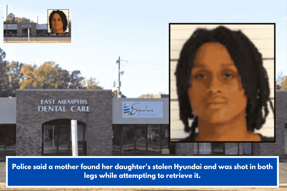 Police said a mother found her daughter's stolen Hyundai and was shot in both legs while attempting to retrieve it.