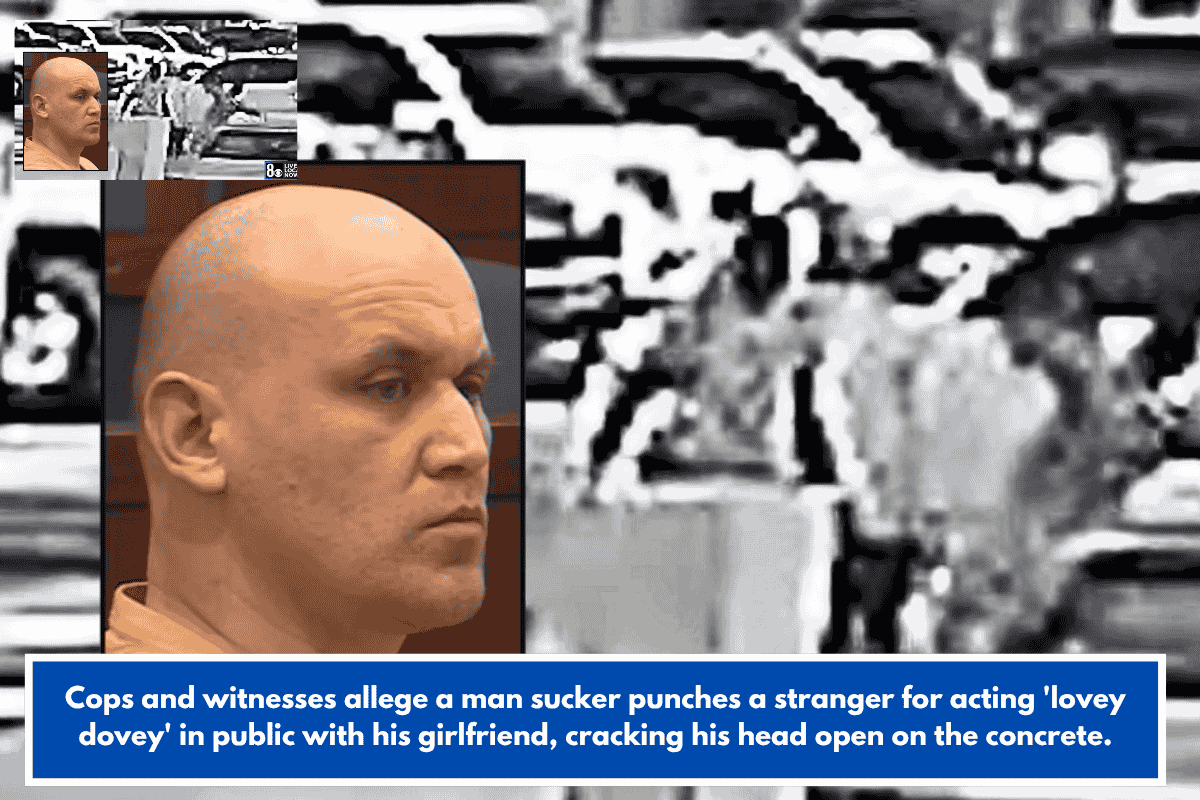 Cops and witnesses allege a man sucker punches a stranger for acting 'lovey dovey' in public with his girlfriend, cracking his head open on the concrete.