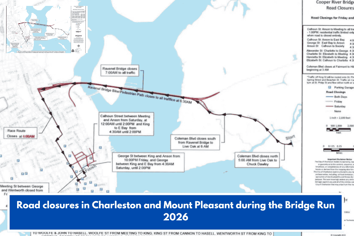 Road closures in Charleston and Mount Pleasant during the Bridge Run 2026