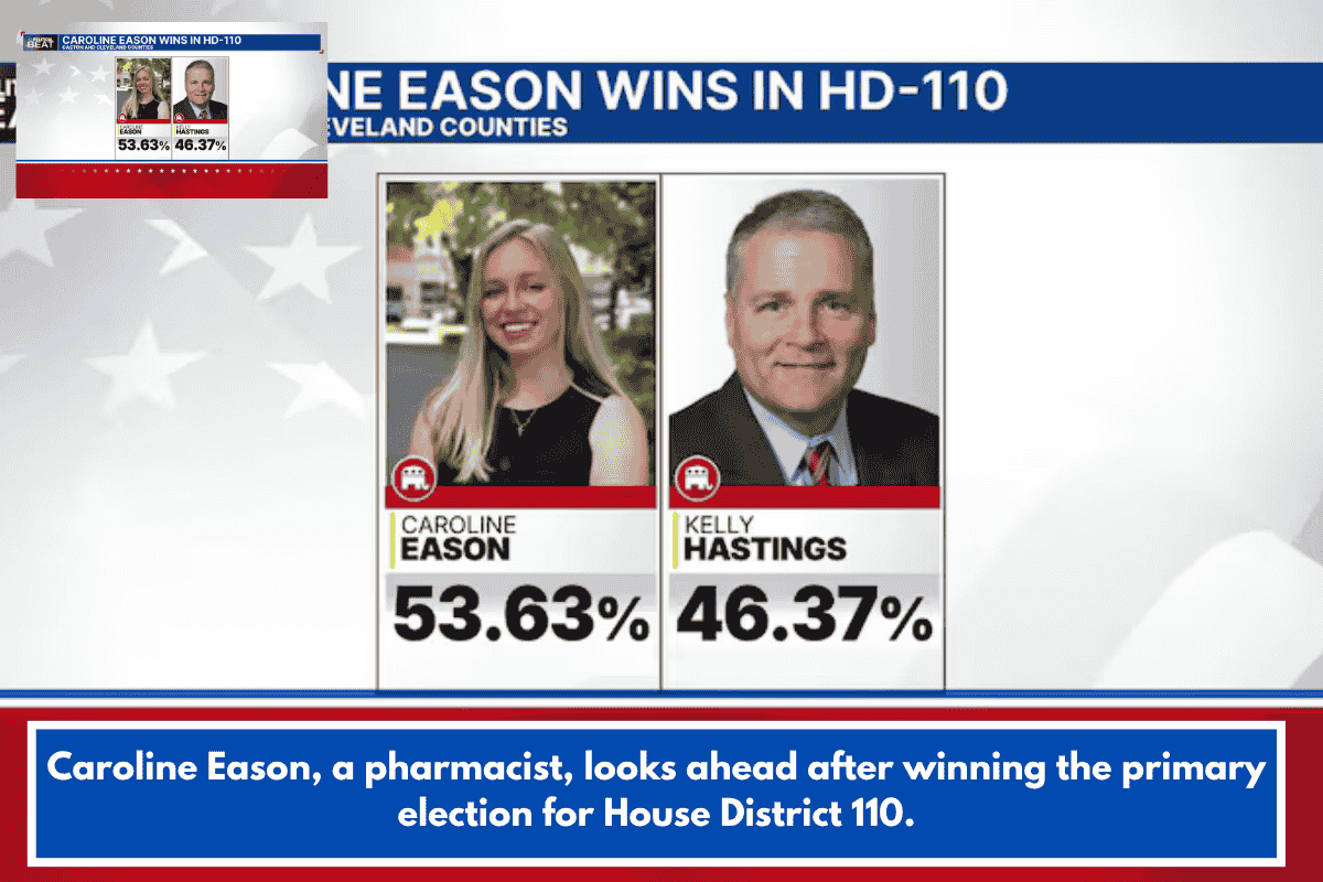 Caroline Eason, a pharmacist, looks ahead after winning the primary election for House District 110.