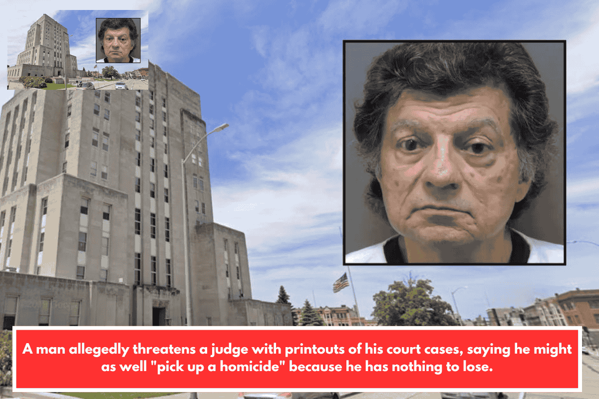 A man allegedly threatens a judge with printouts of his court cases, saying he might as well "pick up a homicide" because he has nothing to lose.