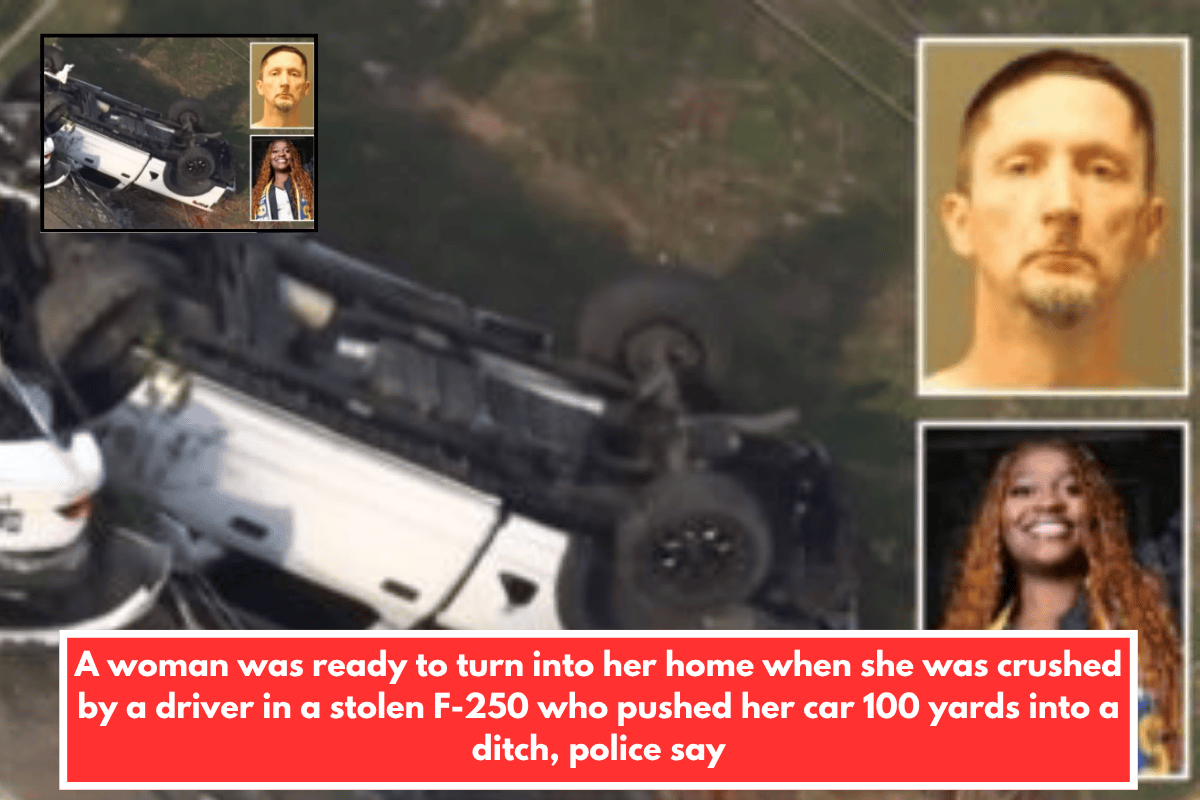 A woman was ready to turn into her home when she was crushed by a driver in a stolen F-250 who pushed her car 100 yards into a ditch, police say