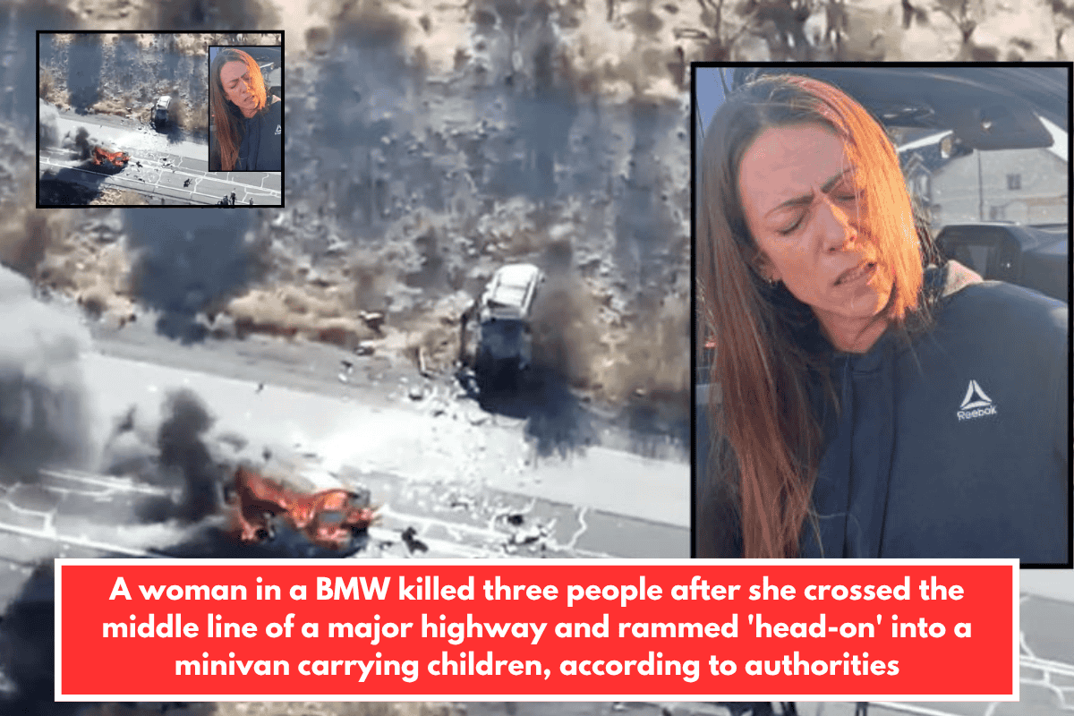 A woman in a BMW killed three people after she crossed the middle line of a major highway and rammed 'head-on' into a minivan carrying children, according to authorities