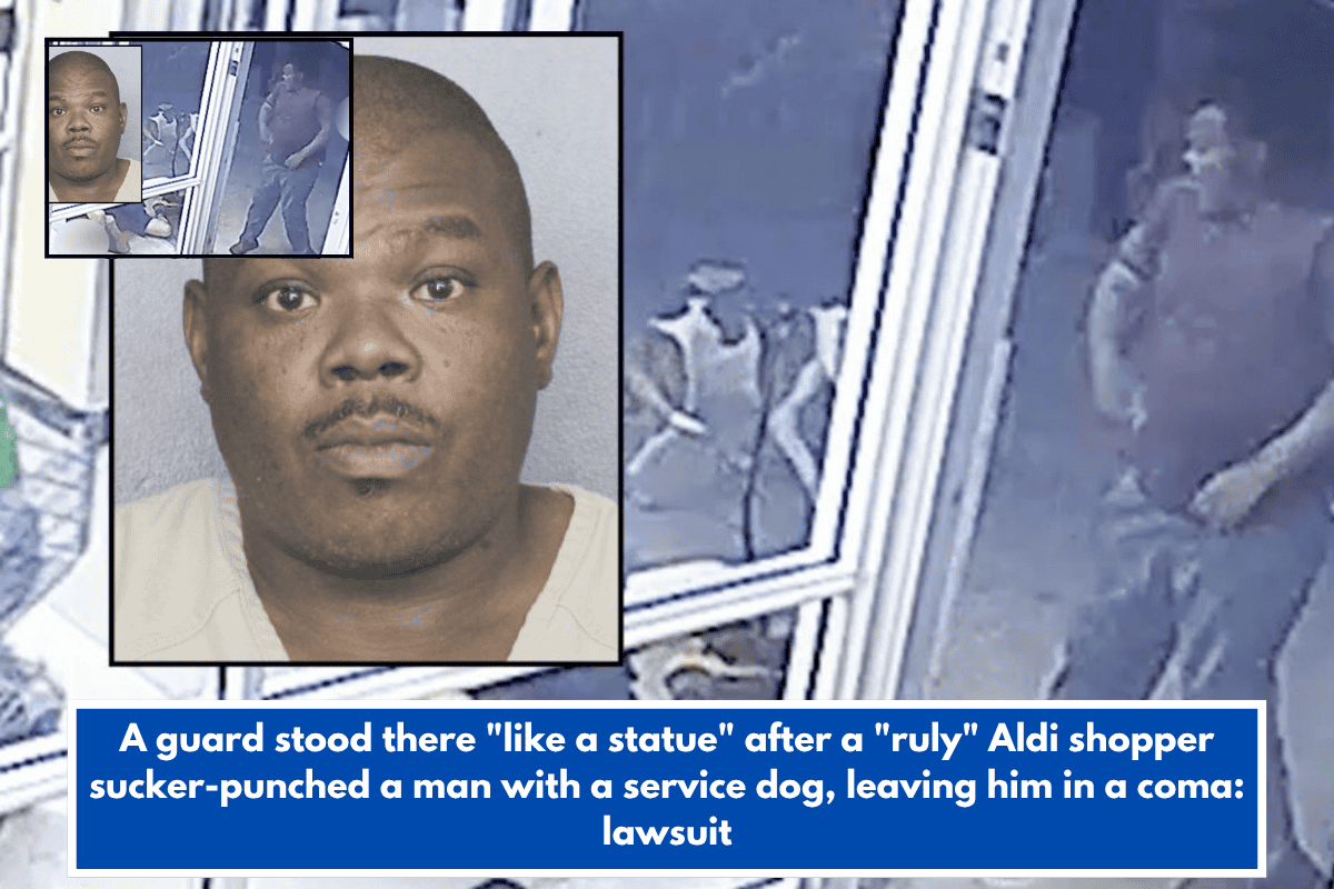 A guard stood there "like a statue" after a "ruly" Aldi shopper sucker-punched a man with a service dog, leaving him in a coma: lawsuit