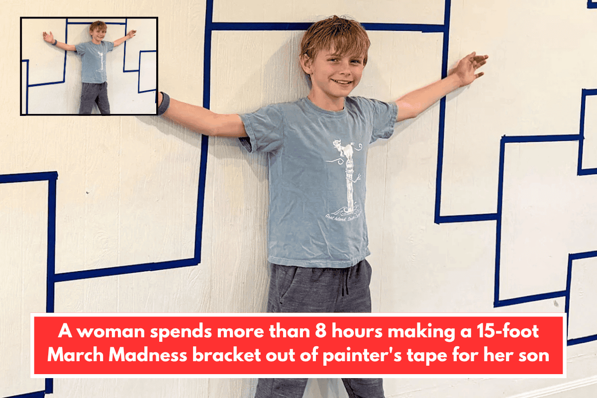 A woman spends more than 8 hours making a 15-foot March Madness bracket out of painter's tape for her son