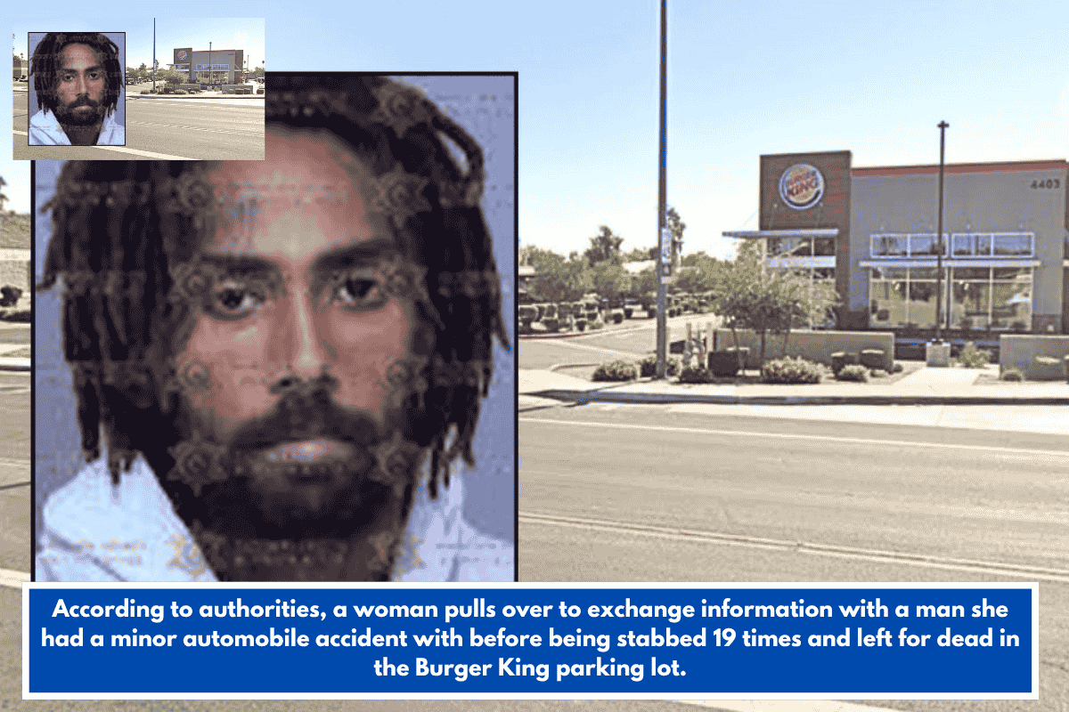 According to authorities, a woman pulls over to exchange information with a man she had a minor automobile accident with before being stabbed 19 times and left for dead in the Burger King parking lot.