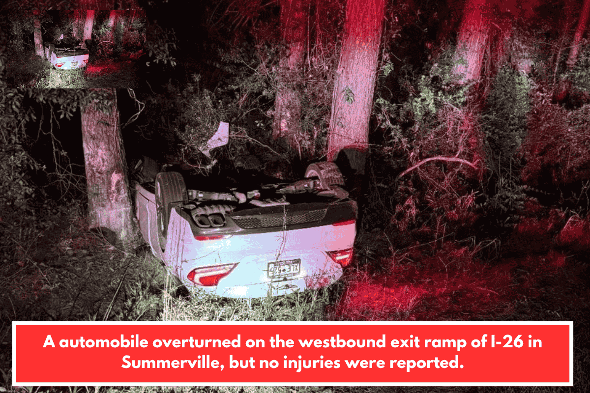 A automobile overturned on the westbound exit ramp of I-26 in Summerville, but no injuries were reported.