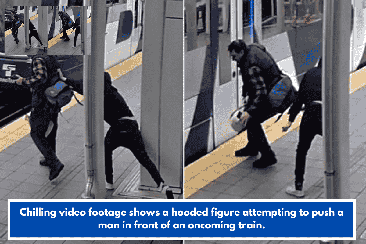 Chilling video footage shows a hooded figure attempting to push a man in front of an oncoming train.