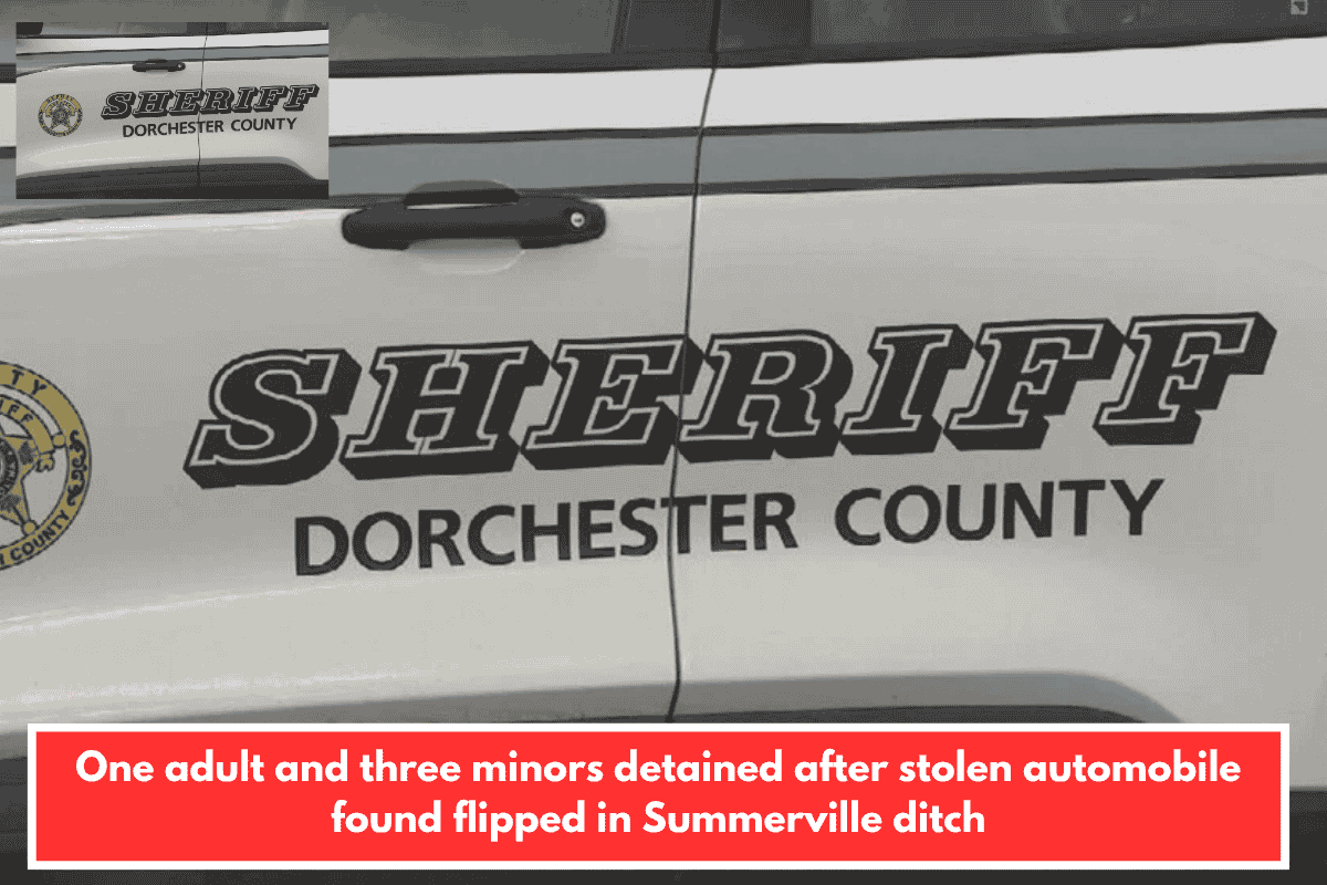 One adult and three minors detained after stolen automobile found flipped in Summerville ditch