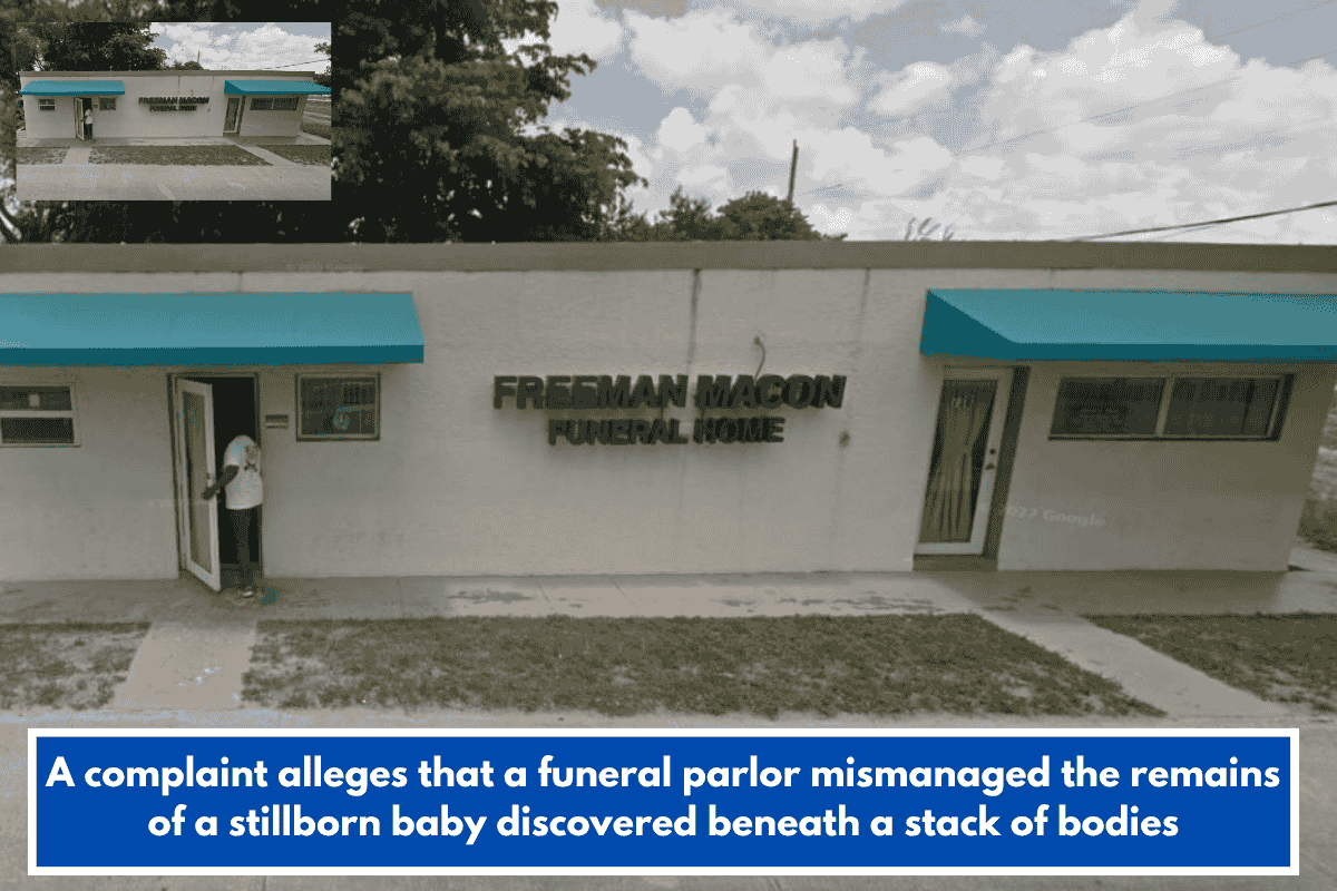 A complaint alleges that a funeral parlor mismanaged the remains of a stillborn baby discovered beneath a stack of bodies