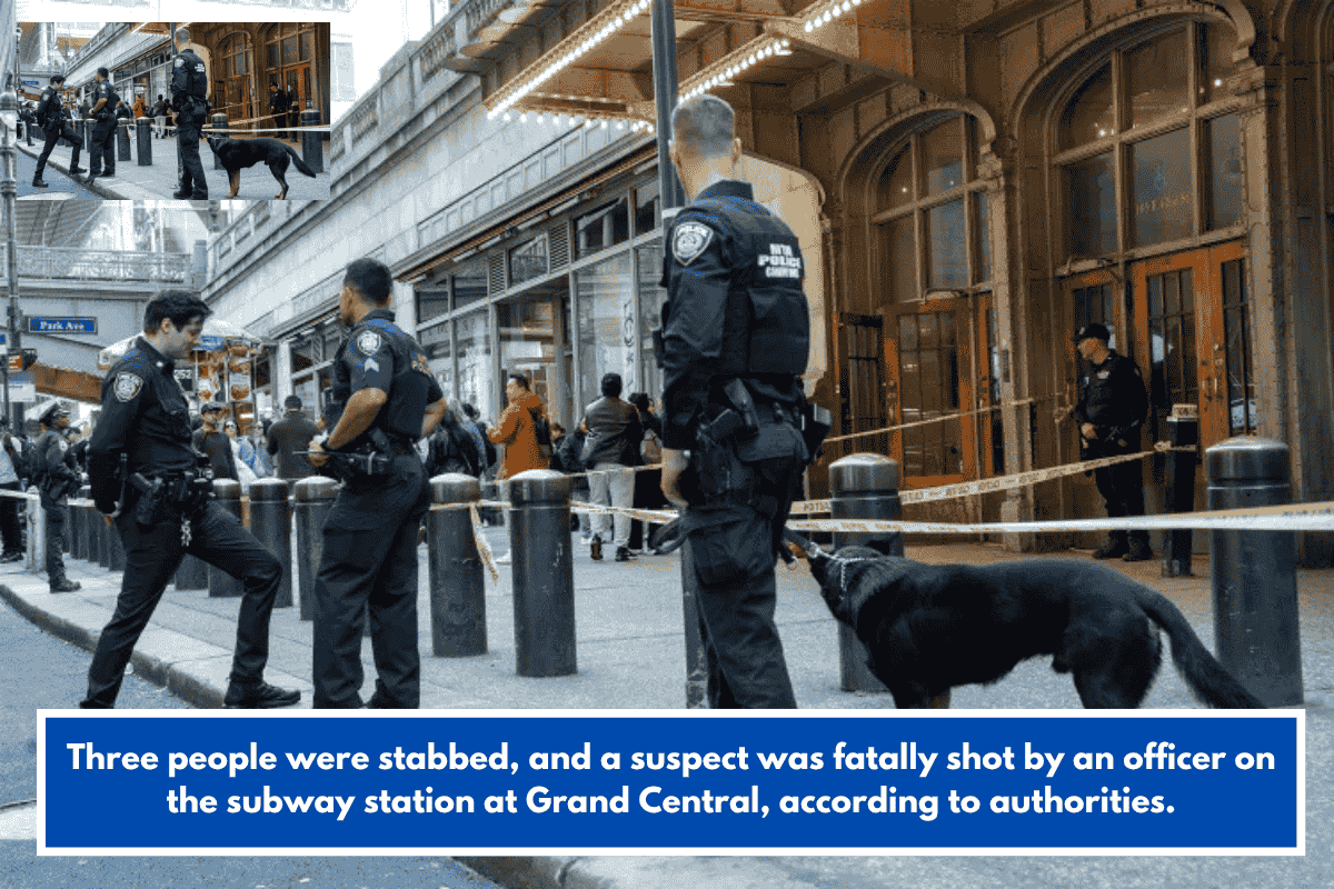 Three people were stabbed, and a suspect was fatally shot by an officer on the subway station at Grand Central, according to authorities.