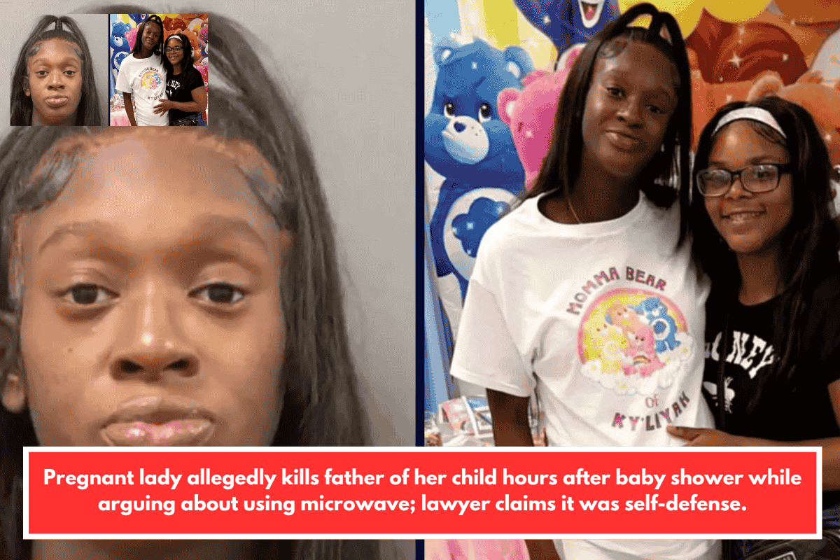 Pregnant lady allegedly kills father of her child hours after baby shower while arguing about using microwave; lawyer claims it was self-defense.