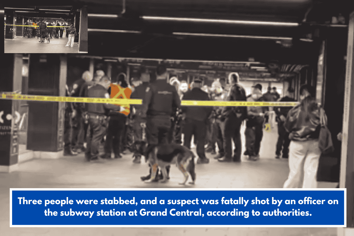 Three people were stabbed, and a suspect was fatally shot by an officer on the subway station at Grand Central, according to authorities.