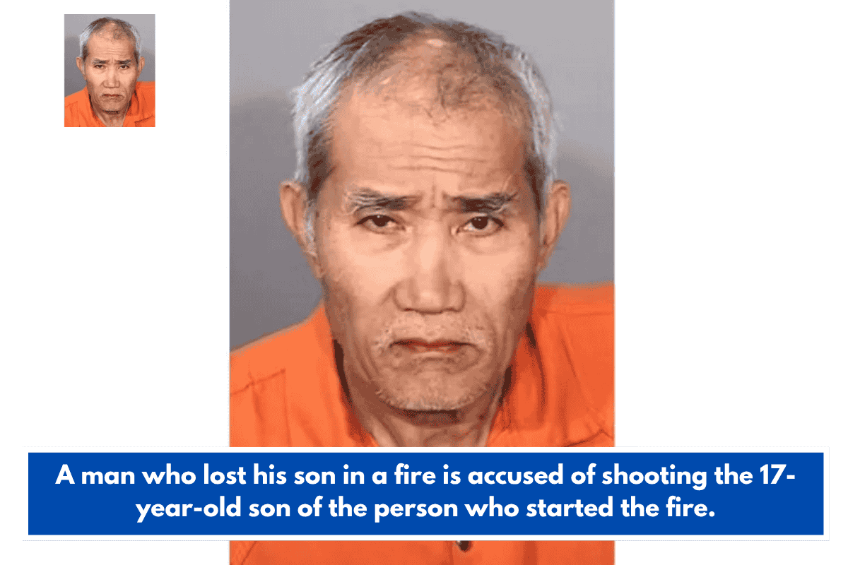 A man who lost his son in a fire is accused of shooting the 17-year-old son of the person who started the fire.