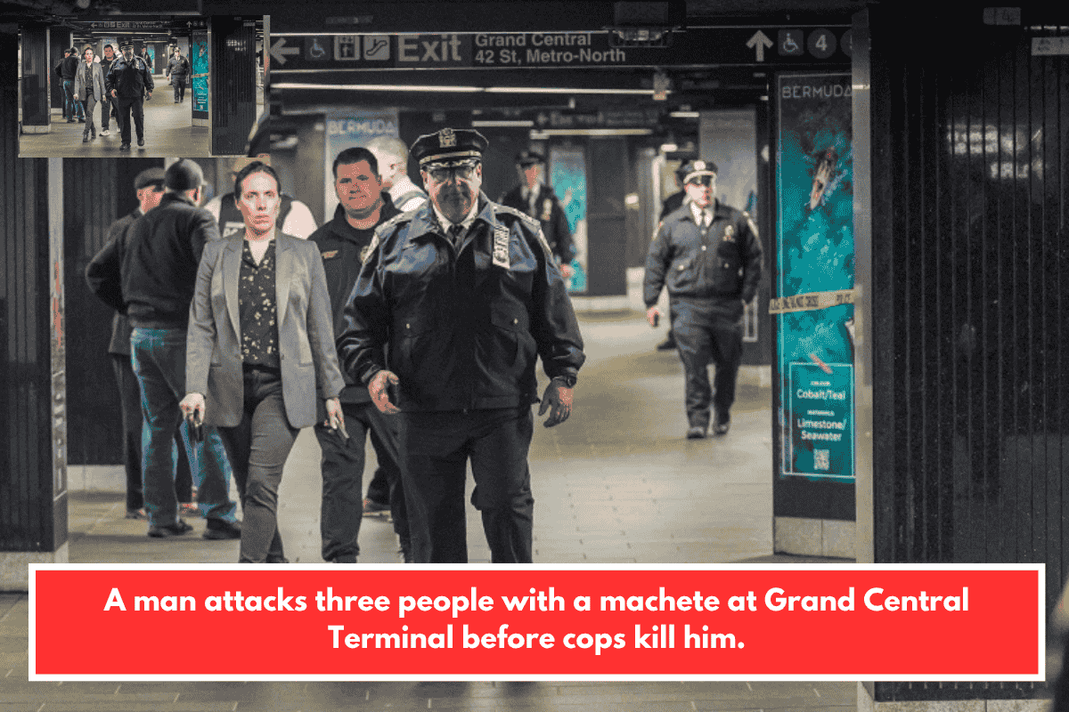 A man attacks three people with a machete at Grand Central Terminal before cops kill him.