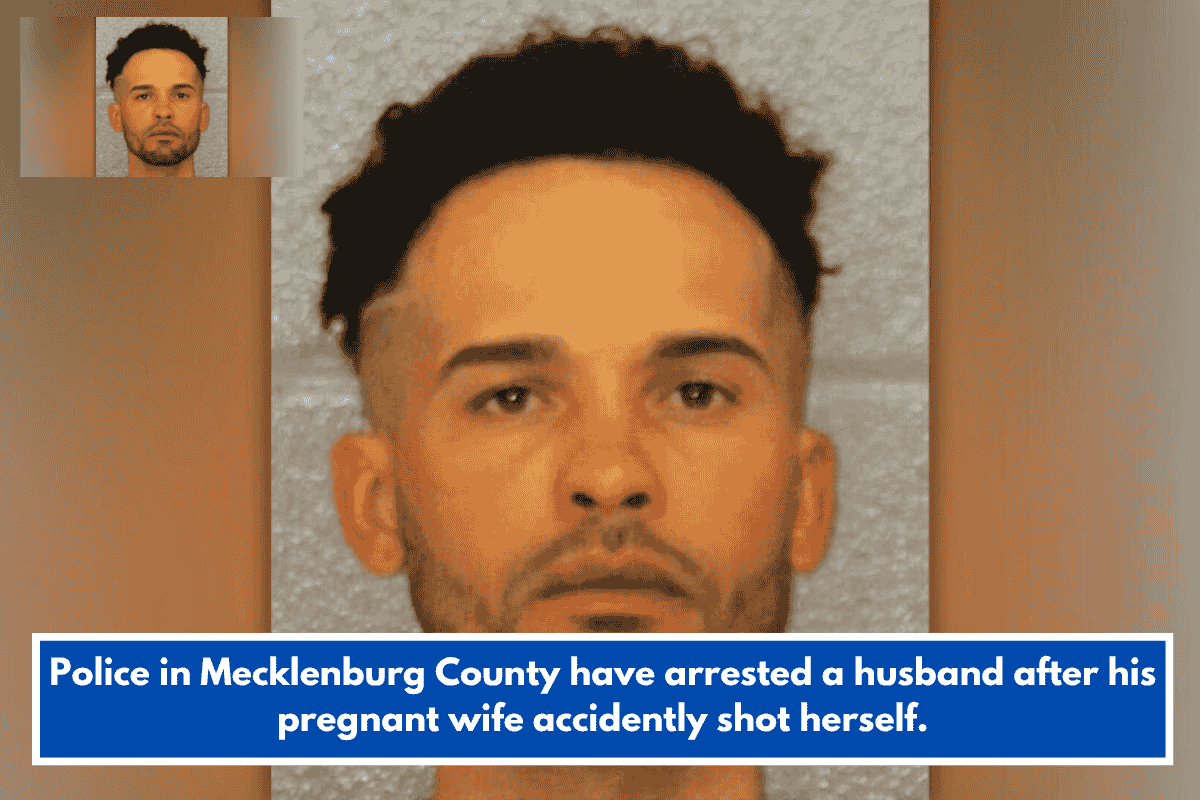 Police in Mecklenburg County have arrested a husband after his pregnant wife accidently shot herself.