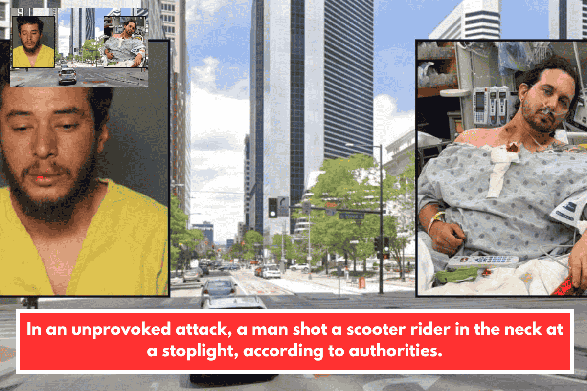 In an unprovoked attack, a man shot a scooter rider in the neck at a stoplight, according to authorities.