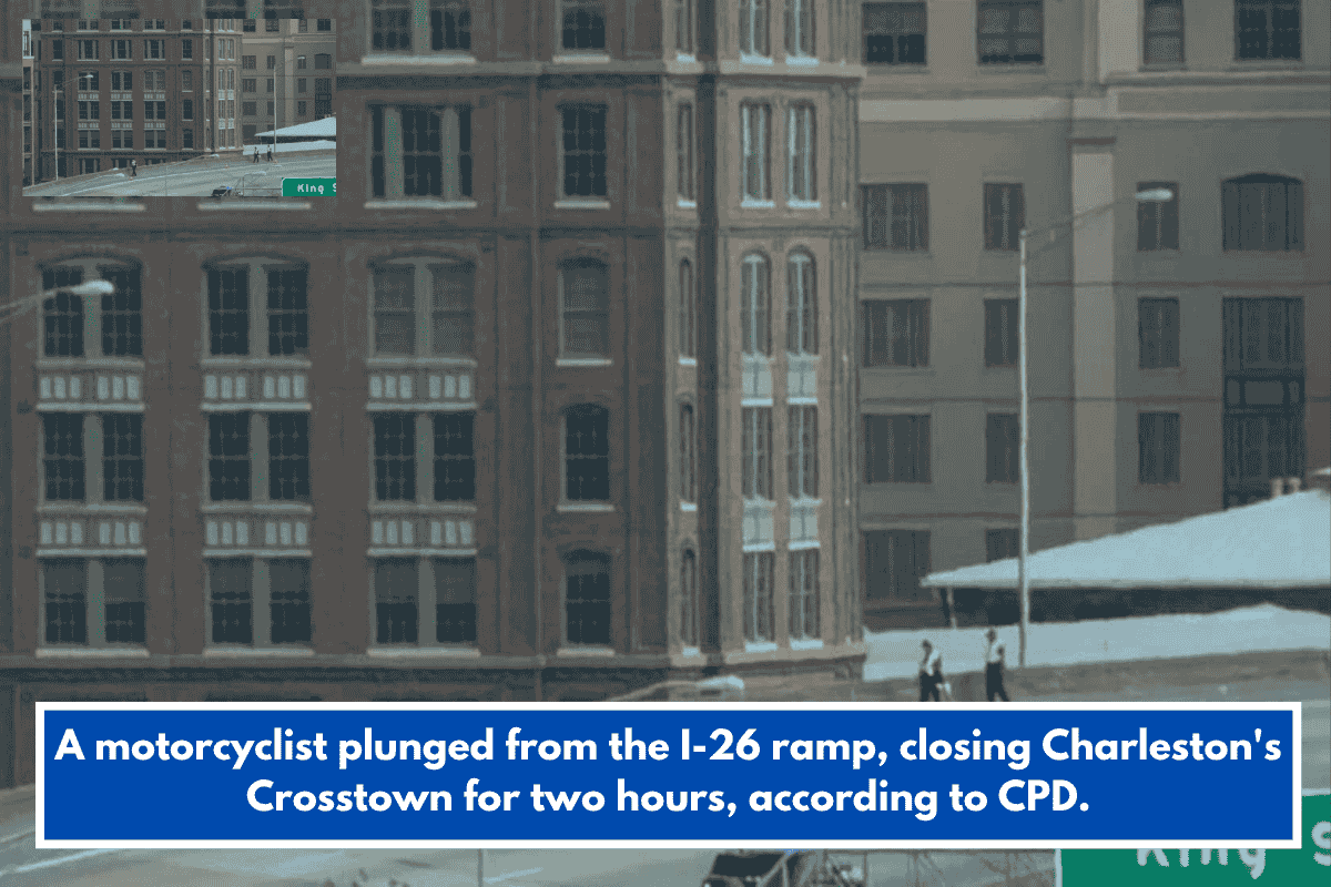 A motorcyclist plunged from the I-26 ramp, closing Charleston's Crosstown for two hours, according to CPD.