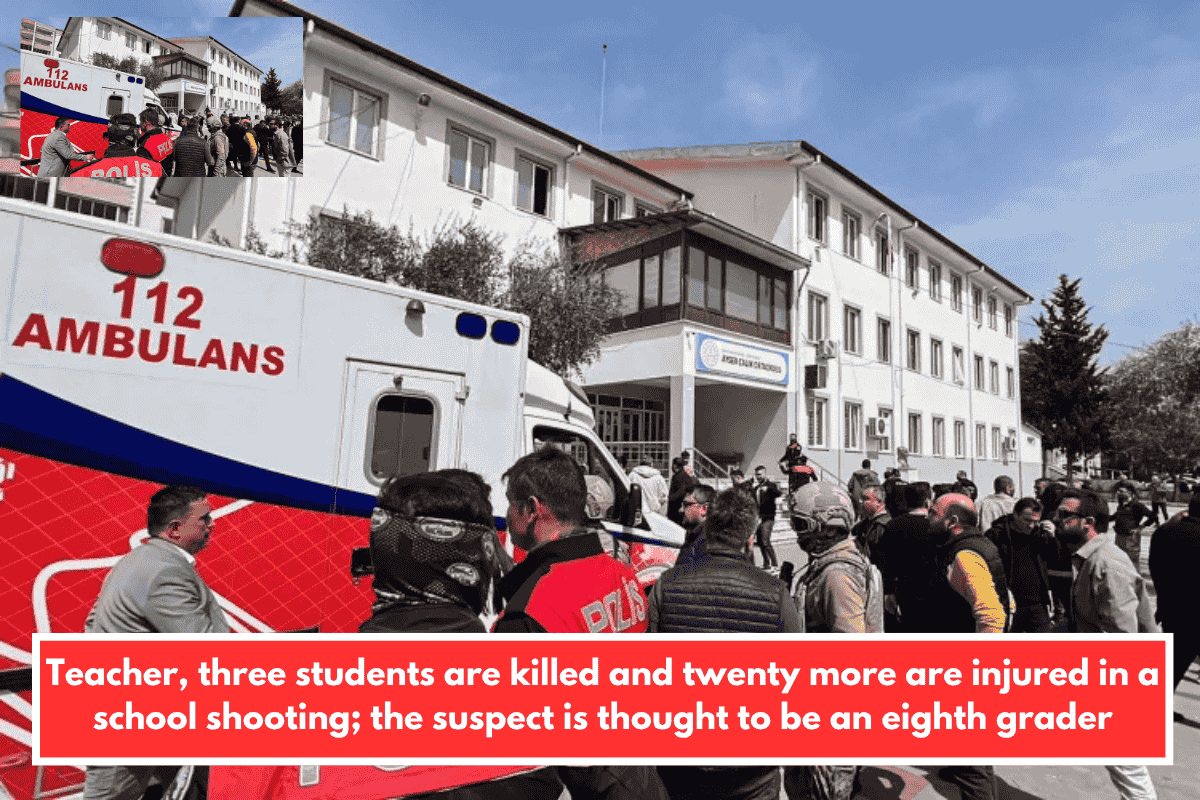 Teacher, three students are killed and twenty more are injured in a school shooting; the suspect is thought to be an eighth grader