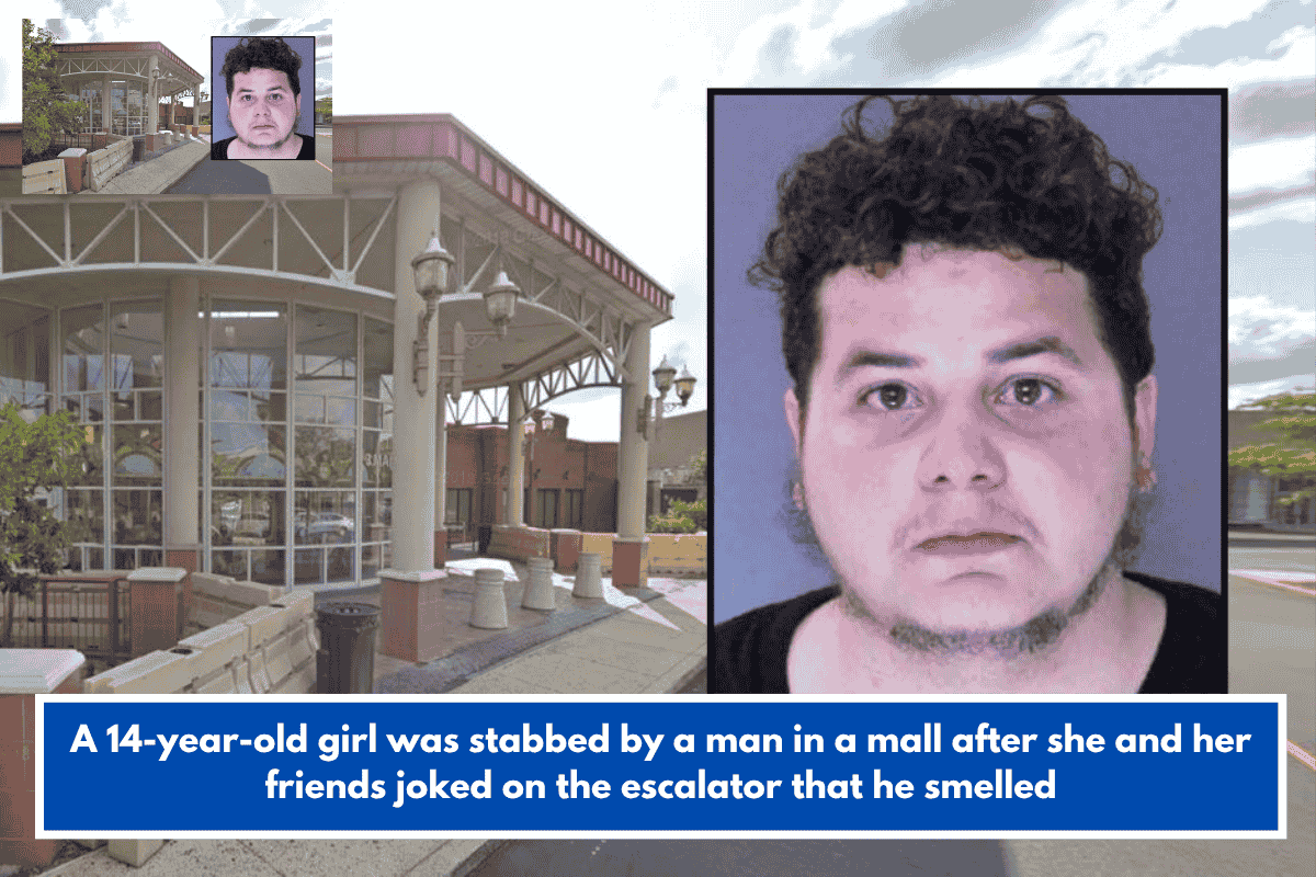 A 14-year-old girl was stabbed by a man in a mall after she and her friends joked on the escalator that he smelled