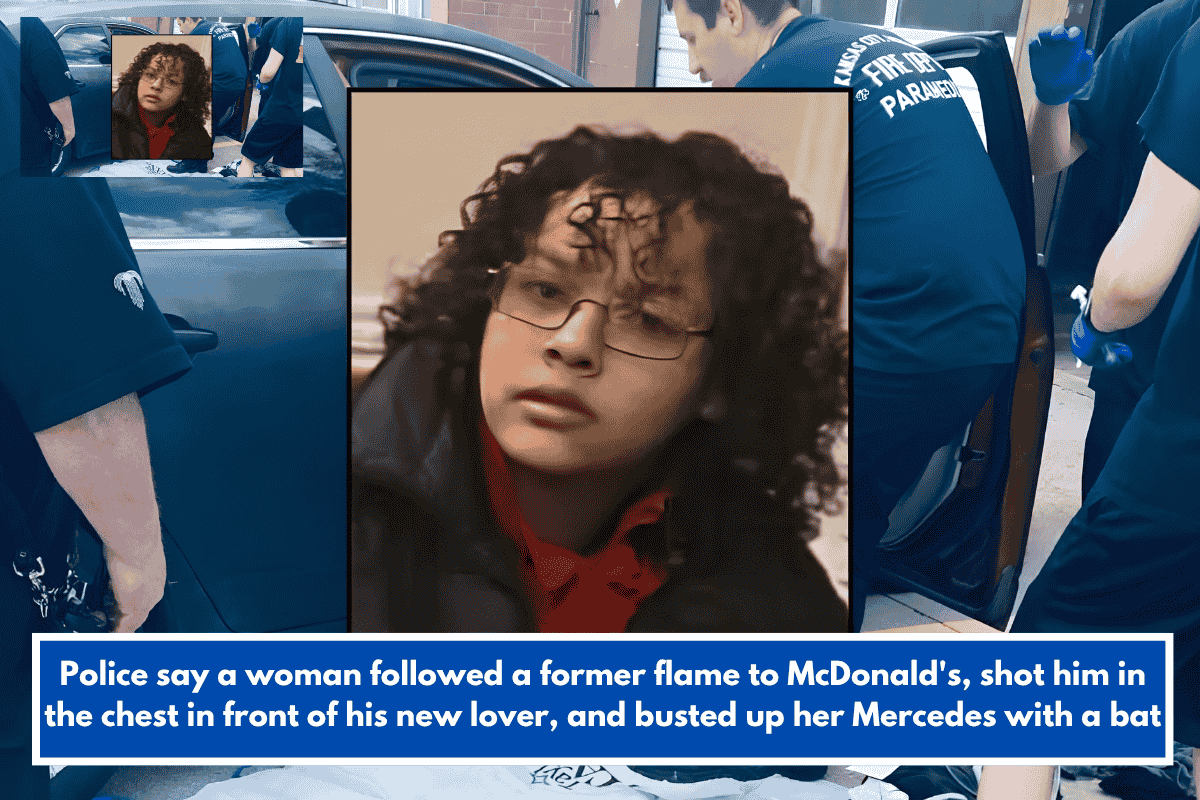 Police say a woman followed a former flame to McDonald's, shot him in the chest in front of his new lover, and busted up her Mercedes with a bat